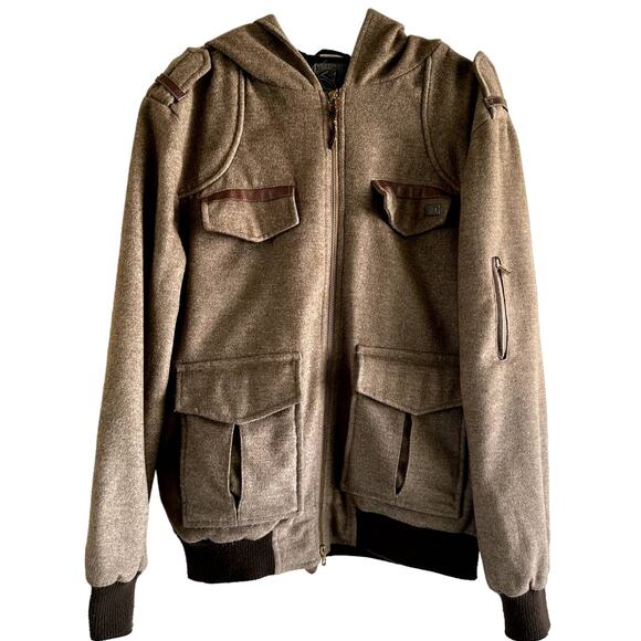 Nobis Bomber Utility Jacket Angora Hood Zip Up 4 Pocket Ribbed Trim Wool Brown L - Picture 1 of 5